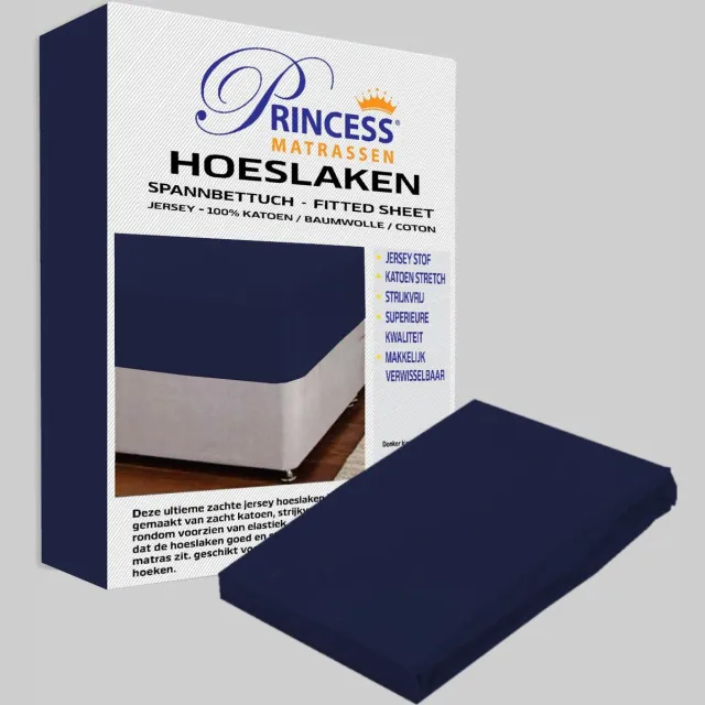 Princessmatrassen Het Ultieme Zachte Hoeslaken- Jersey -Stretch -100% Katoen -2Persoons-140x200x30cm-Donkerblauw