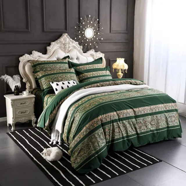 Ibenzoa Geïntegreerde Microvezel Beddengoedset – Donkergroen & Groen, Vintage Indiase Stijl