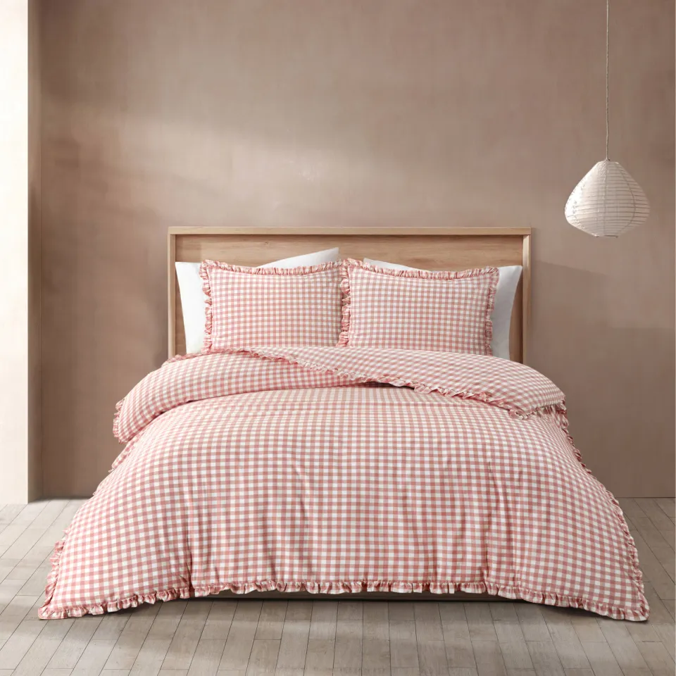 NOUS Living katoenen geruite ruffle 2-persoons dekbedovertrek 200x220 cm - roze, foto 2
