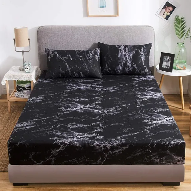 Ibenzoa Elegant Damastpatroon Hoeslaken in Zwart-Wit Marmer Design, Geschikt voor 30 cm Matrassen