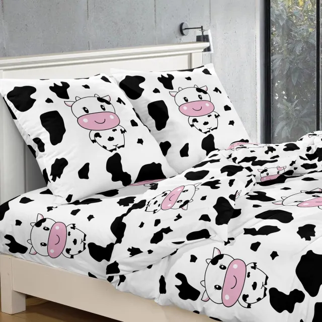 Cotton Market Universeel - 3D Dekbedovertrek Set - HAPPY COW Motief - Katoen & Ritssluiting Multicolor / Wit/Zwart