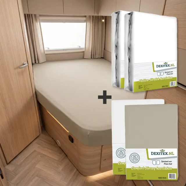 dexitex Textielpakket Frans bed - 2 molton met 2 hoeslakens - links - 1 x Wit + 1 x Zandkleur