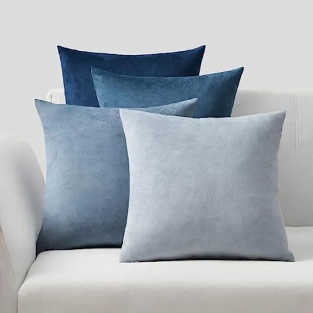 PromoHome Fluweel Zachte Kussensloop Set van 4 Stuks - Sofakussen Hoes 50x50 cm - Verzadigd Groen Kleurverloop - Ritssluiting - Machinewasbaar - Strijkvrij - Geschikt voor Droger "Blauw"