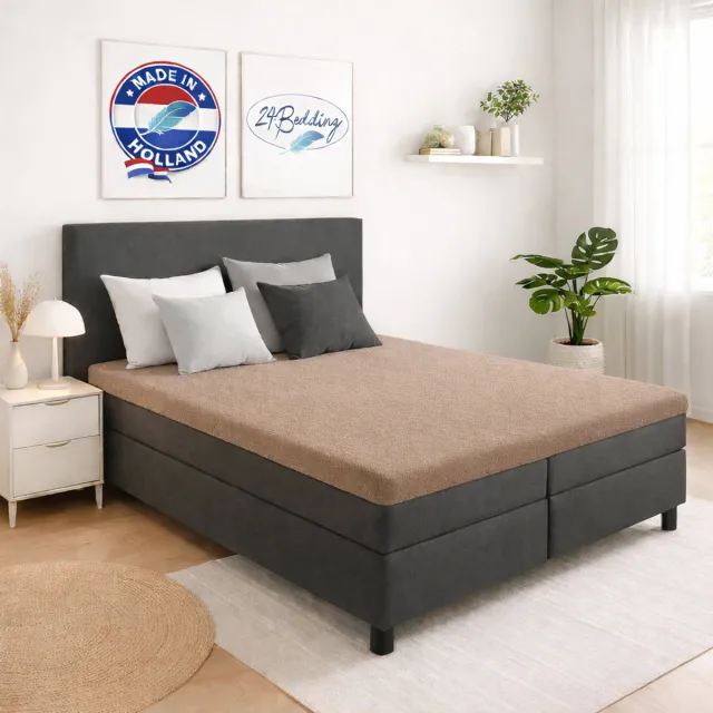 24-Bedding 2 stuks !! - Badstof Topper Hoeslaken - Taupe - 80x210 cm - Extra Zware Kwaliteit - Rondom Elastiek - Voor topper matrassen van 5 tot 15 cm