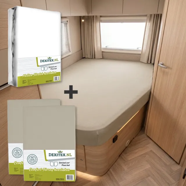 dexitex Frans bed - 1 molton met 2 hoeslakens zandkleur - rechts 1 x molton + 2 x hoeslaken zandkleur