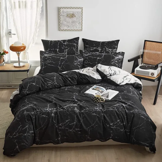 ARYURBU beddengoedset, 2-delig, zwart-wit gemarmerd dekbedovertrek + kussensloop , donsdekbed cover , omkeerbaar beddengoed voor kinderen en meisjes