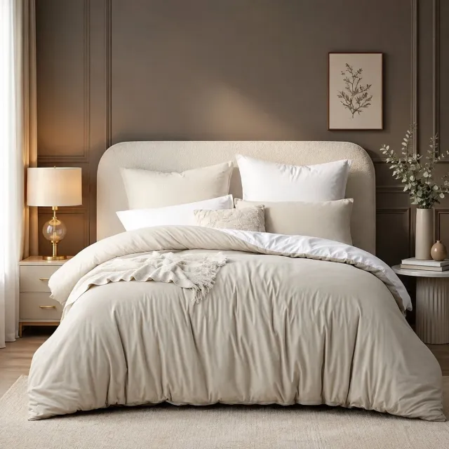 Nazik Living Beddengoed 3-delig 220 x 240 cm - Omkeerbaar dekbedovertrek met ritssluiting - Microvezel zacht en strijkvrij - Beige/wit