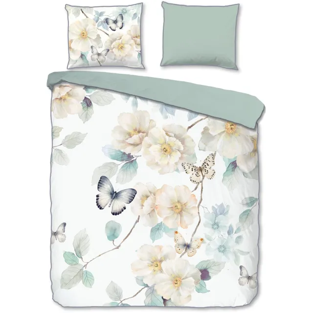 Descanso dekbedovertrek bloemen en vlinders - 2 persoons 200x200/220 cm - Wit - 100% Katoen satijn White