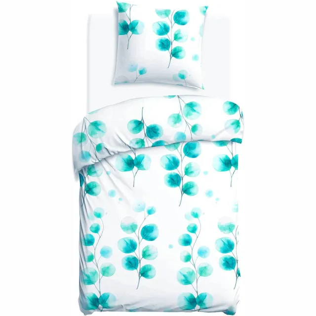 Darymex Satynlove Dekbedovertrek 140x200 cm - Wit / Turkoois - Cieniowane Bladeren - 100% Katoen-Satijn (120 g/m²) - 1-Persoons - Met Ritssluiting - OEKO-TEX® - Met 1 Kussensloop 70x80 cm Wit | Turkoois