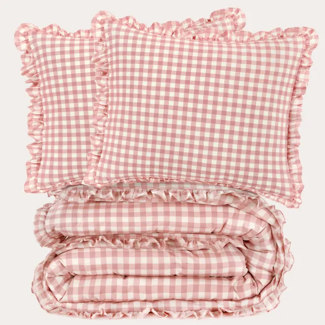 NOUS Living katoenen geruite ruffle 2-persoons dekbedovertrek 200x220 cm - roze