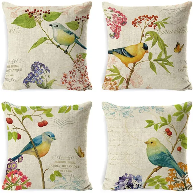 Ibenzoa Decoratieve Set van 4 Kussenhoezen met Bloemen en Vogels, Linnen, 45 x 45 cm, Voor Huis en Auto kleurrijk