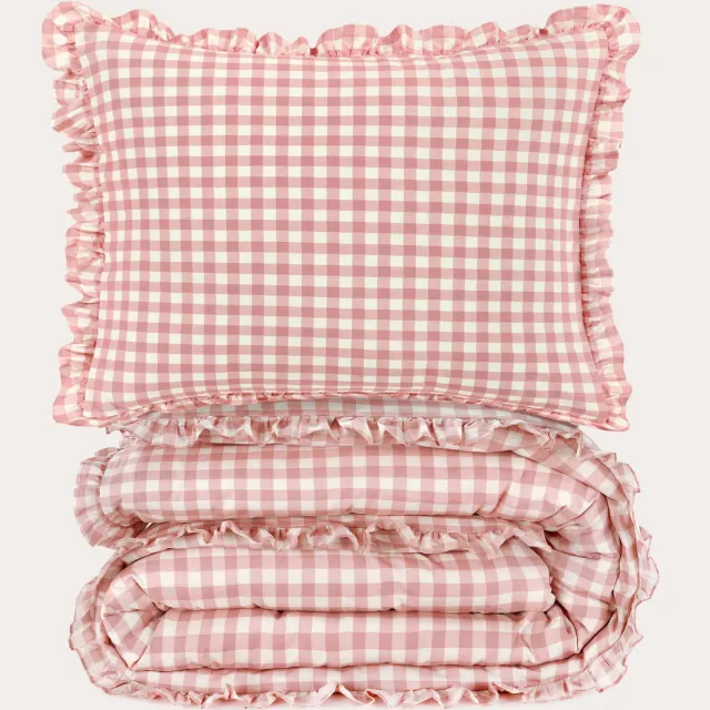 NOUS Kids geruite ruffle katoenen kinderdekbedovertrek 120x150 cm - roze