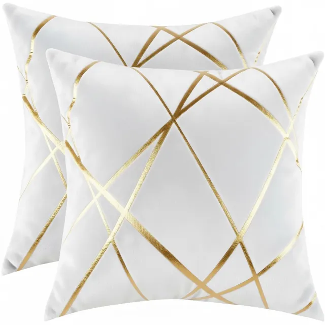 Famanu Set van 2 fluwelen kussenslopen 40 x 40 cm, luxe gouden gestreepte decoratieve hoezen, zacht en stijlvol voor uw bank in woonkamer of slaapkamer Wit