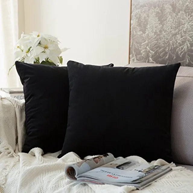 Miulee Set van 2 fluweelzachte, effen decoratieve vierkante kussenslopen, kussensloop voor bank, slaapkamer, zwart, 40x40 cm