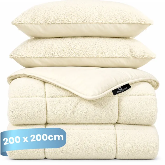 Slaapspeciaal Teddydekbed - Dekbed zonder overtrek - Winterdekbed - Wasbaar dekbed zonder overtrek - Hoesloos dekbed - Fluffy - 2 in 1 Dekbed - Ecru - 200x200 cm - Inclusief 2 Kussenslopen 60x70 cm Teddy Ecru