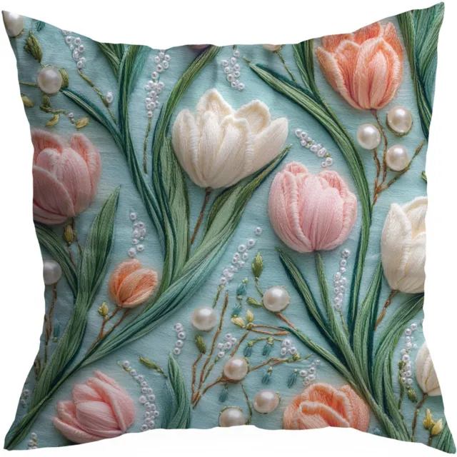 HomeView Decoratieve Kussenhoes 40x40cm - Slow Bloemen Tulpen - Duurzaam & Kleurvast Multicolor