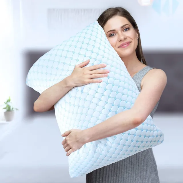 Livingful Traagschuim Hoofdkussen - Hoofdkussen Nekklachten - Slaapkussen - 30 dagen proefslapen- Versnipperd Traagschuim - Verkoelende Technologie - Vulbaar - Inclusief Extra 250g Schuim - Perfect voor Zij, Buik en Rug Slapers blauw