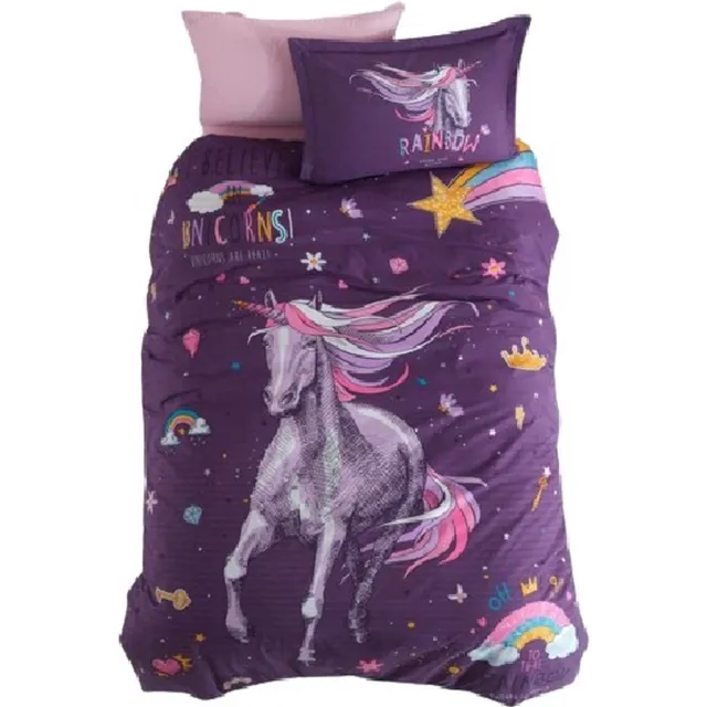 decoware Kinderdekbedovertrek Rainbow Unicorn 140x220 cm - Katoen - Eenpersoons - Unicorn Thema - Met Kussensloop Paars