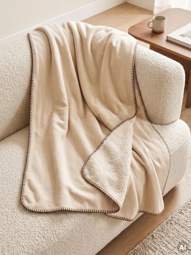 Homla Blanket - ELVANA - soft beige with a corduroy texture and contrasting edging - 150x200cm - 782640