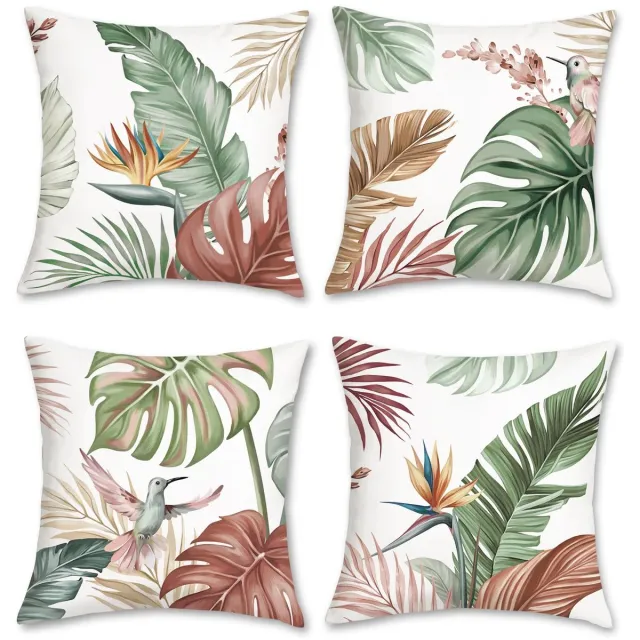 Ibenzoa Set van 4 Decoratieve Kussenslopen met Tropische Bladeren en Vogels, Zacht Fluweel, 45 x 45 cm kleurijk