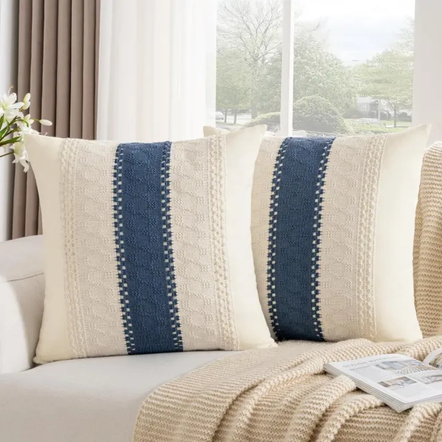 SNQ 2-delige kussensloopset in bohemian stijl - 40x40 cm - Blauw gestreept patroon - Geschikt voor banken, woonkamers en slaapkamers Kleur