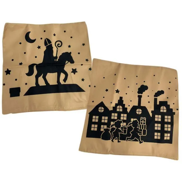 Happy Happenings Sinterklaas Kussenslopen - Bruin - 2 Stuks - 44 x 44,5 cm - Decoratie - Versiering - Woondecoratie - Sint Pakjesavond