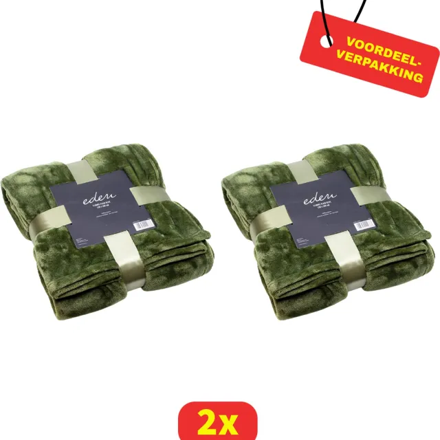 Eden Flanellen Plaid Olijfgroen - Luxe Fleece Dekentje - Zacht - 130x180 cm - 2 stuks - Voordeelverpakking