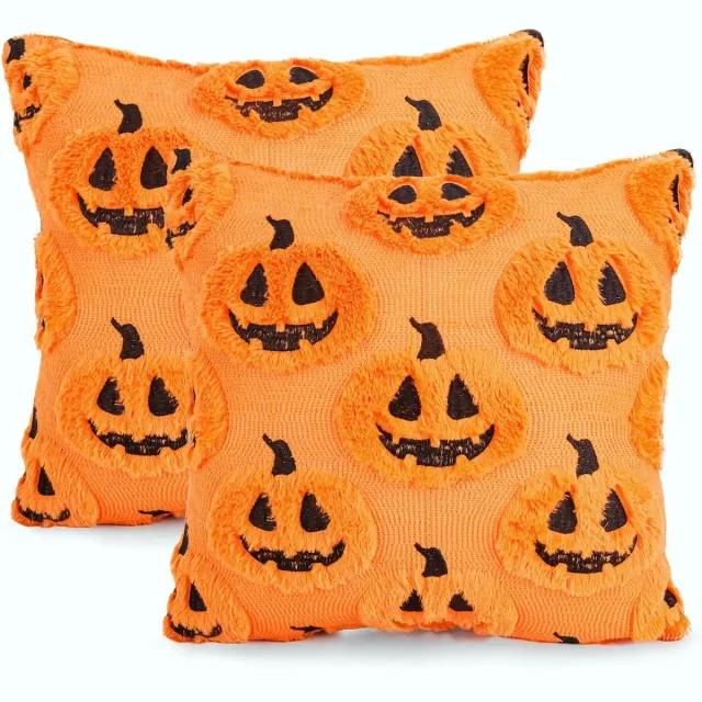 KZQ 2 stuks Halloween kussenslopen - Pompoen Halloween kussens - Herfst interieurdecoratie - Halloween beddengoed - Halloween decoratie - 45 x 45 cm - Oranje pompoen
