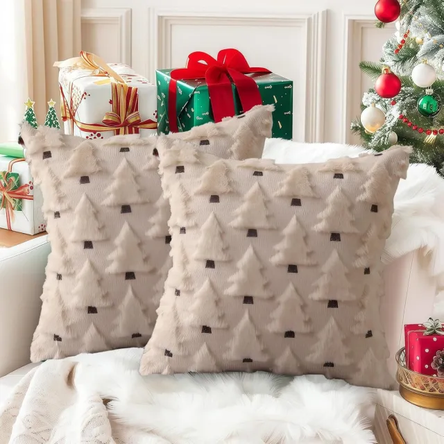 KZQ 2 Stuks Kerst Kussenslopen 45x45 cm - Beige Kunstbont Met Zachte Pluche - Feestelijke Winterdecoratie Voor Bank En Woonkamer Kleur