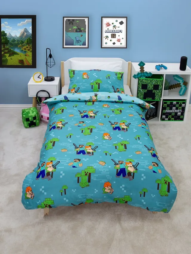 Minecraft 'Level Up' Dekbedovertrek – Eenpersoons – 140x200 cm – Inclusief Kussensloop – Turquoise/Blauw multi colour