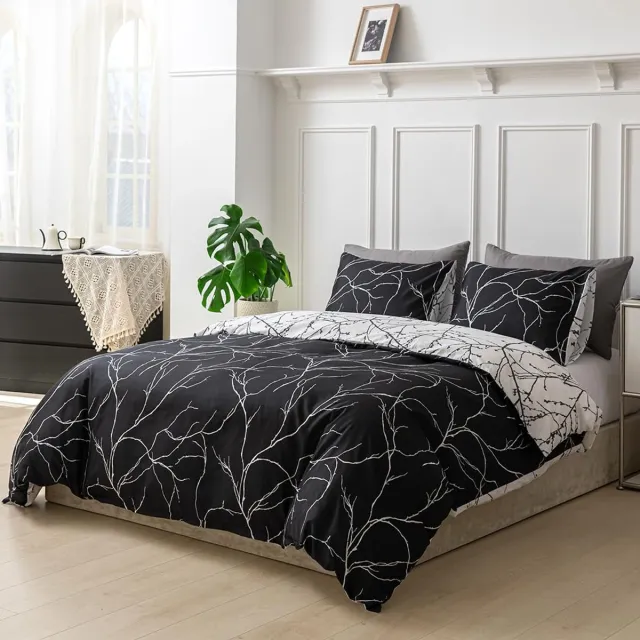 Unyqoos Luxe driedelige beddengoedset met boomtakpatroon en ritssluiting zwart wit