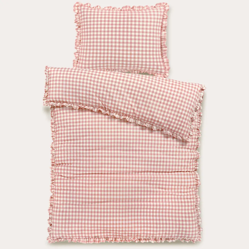 NOUS Kids katoenen geruite ruffle kinderdekbedovertrek 140x200 cm - roze, foto 4
