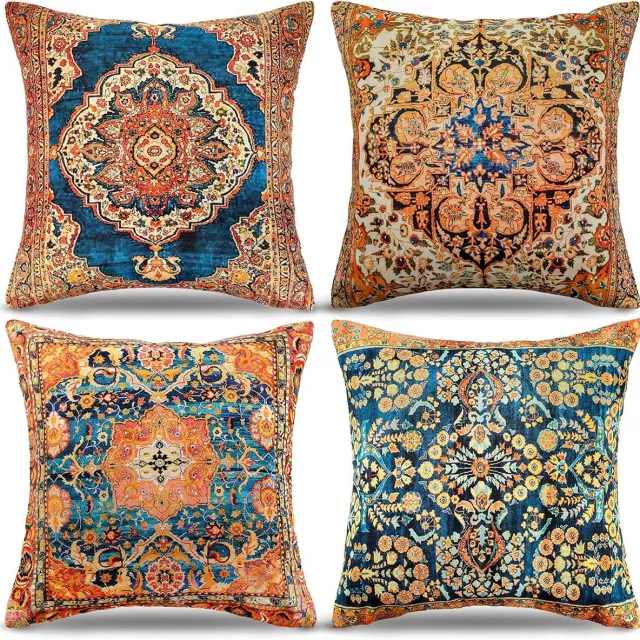 Ibenzoa Set van Vier Abstracte Kussenhoezen - Blauw Tribal Vintage Design - Katoen oranje