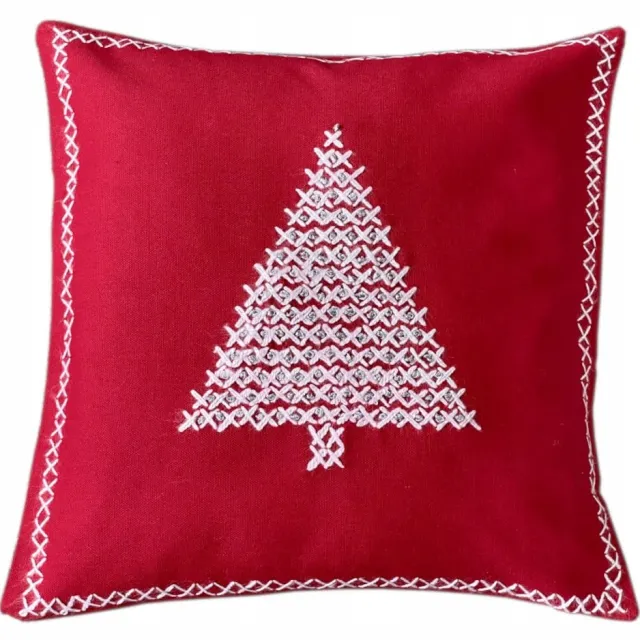 DeHome Kerstkussenhoes 40x40 cm met geborduurde kerstboom - Rood
