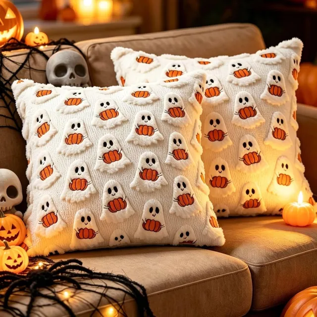 KZQ Halloween Spook Kussensloop Set van 2, 45x45 cm, Crèmekleurig Pluche Wasbaar en Fluweelachtig voor Bank, Bed of Stoel Wit