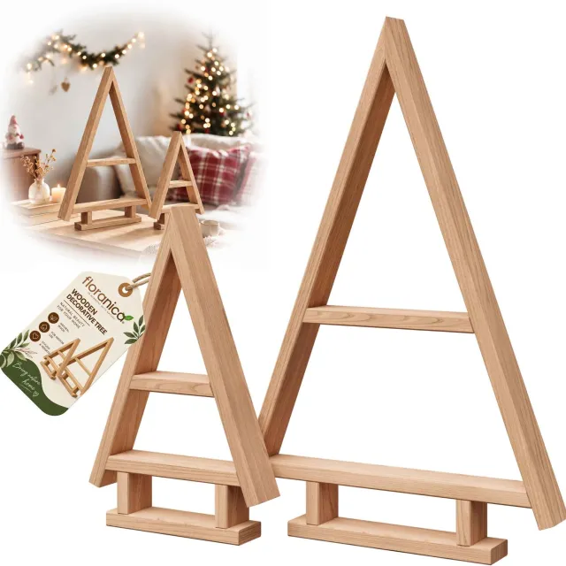 Floranica Houten Kerstboom van Grenen, 2-delig, 55 + 35 cm, Tafeldecoratie om zelf te Schilderen – Onbehandeld