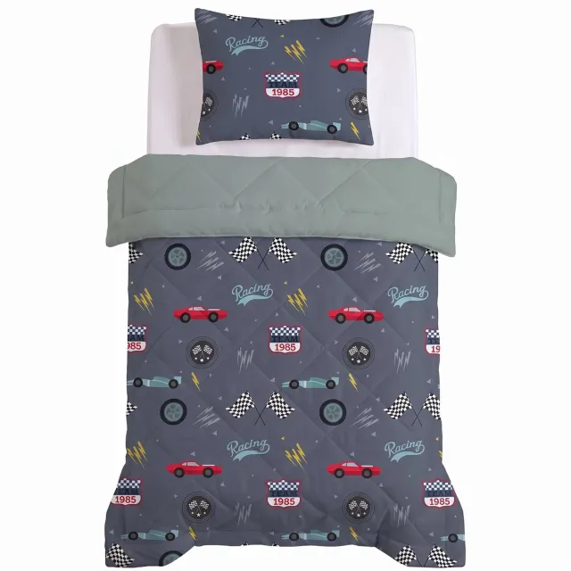 Sleeptime Kids Race Auto 2 in 1 Wasbaar Dekbed zonder Overtrek - Eenpersoons 140x200 cm - Inclusief 1 Kussensloop 60x70 cm - Microvezel - Blauw Auto Blauw