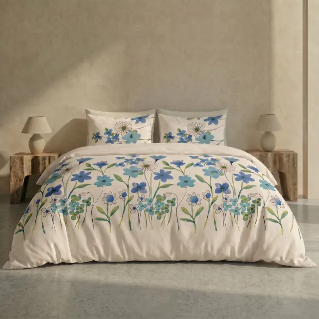 Dreamers Den Fleurette Blauw – Dekbedovertrek 100% Katoen met Bloemenprint en Extra Lange Instopstrook – Eenpersoons 140x200/260 cm