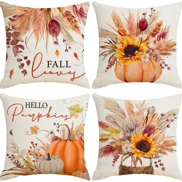Unyqoos Set van 4 decoratieve kussenslopen met herfstontwerp en pompoenprint oranje