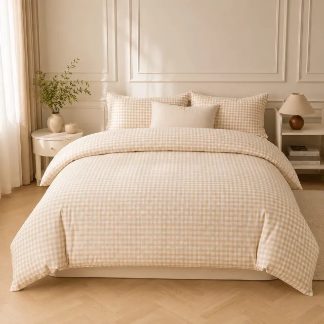 Lano&Go Beddengoed 135x200 cm 4-delig Geruit Beige Microvezel Dekbedovertrek met Ritssluiting en 2 Kussenslopen 80x80 cm