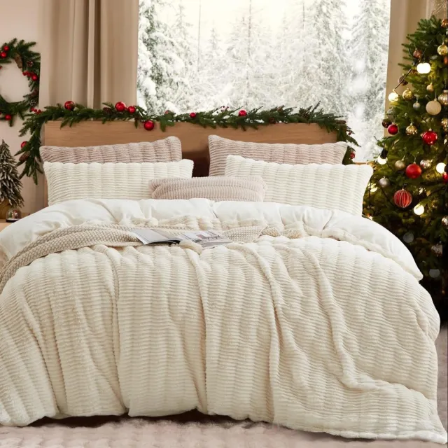 Famanu Pluche beddengoedset van 220 x 240 cm in wit, met kunstbont en flanel, warm en behaaglijk Neutraal