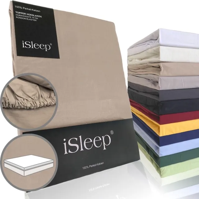 iSleep Perkal Topper Hoeslaken - 100% Perkal Katoen - Rondom Elastiek - Tweepersoons - 160x220 cm - Medium Beige