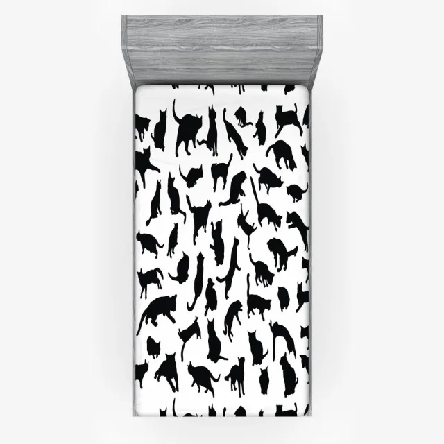 ABAKUHAUS Cat Lover Fitted Sheet, silhouetten in zwart, zacht stof beddengoed elastiekband, 90 x 190 cm, witzwart Wit-zwart