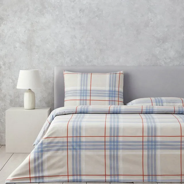 English Home Dekbedovertrekset - Natural Plaid - Easy Iron - 200 x 220 cm - Gestreept -Blauw Beige Beige/Blauw
