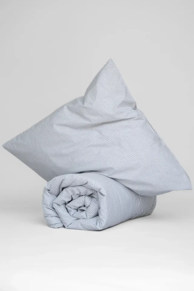 MELA unisex vegan Beddengoedset Majuli Blauw Naturel Wit Gestreept