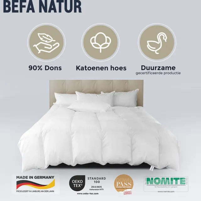 BEFA Natur Dekbed all seasons eendendonsdekbed, 240x220 cm, van 90% eendendons en 10% veren, Gemaakt in Duitsland Wit