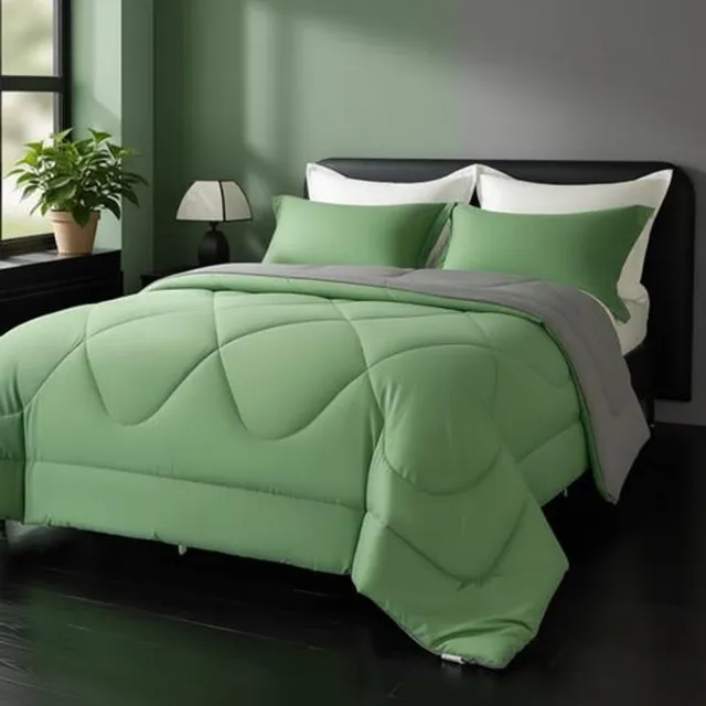Arvion Omkeerbaar Dekbed 200x200 cm - 4 Seizoenen Microvezel Duvet met Kussenslopen - Groen/Grijs
