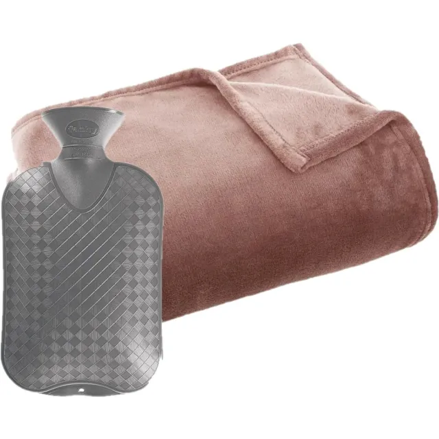 Atmosphera Fleece deken/plaid Oud Roze 125 x 150 cm en een warmwater kruik 2 liter Oudroze