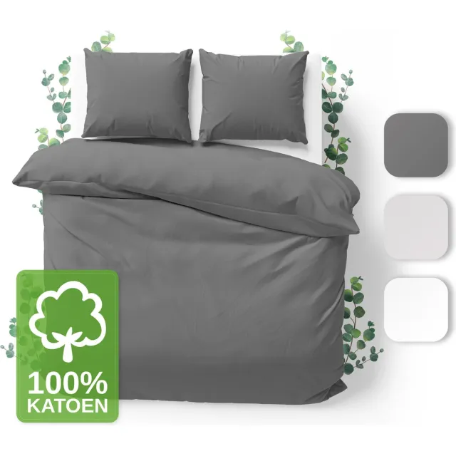 JACOBSON Dekbedovertrek - 200x220 cm + 2 Kussensloop 80x80 cm - 100% katoen - met Rits - Antraciet