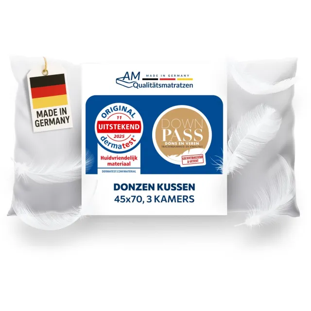 AM Qualitätsmatratzen DormiGood - Premium donskussen 45 x 70 cm 100% natuurlijk - 3 compartimenten hoofdkussen 80x80 1080g extra zacht - Hoogwaardig inlegwerk van katoen Wit